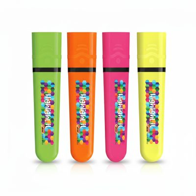 Vier BIC Highlighter Flat-markeerstiften in groen, oranje, roze en geel, met bedrukking.