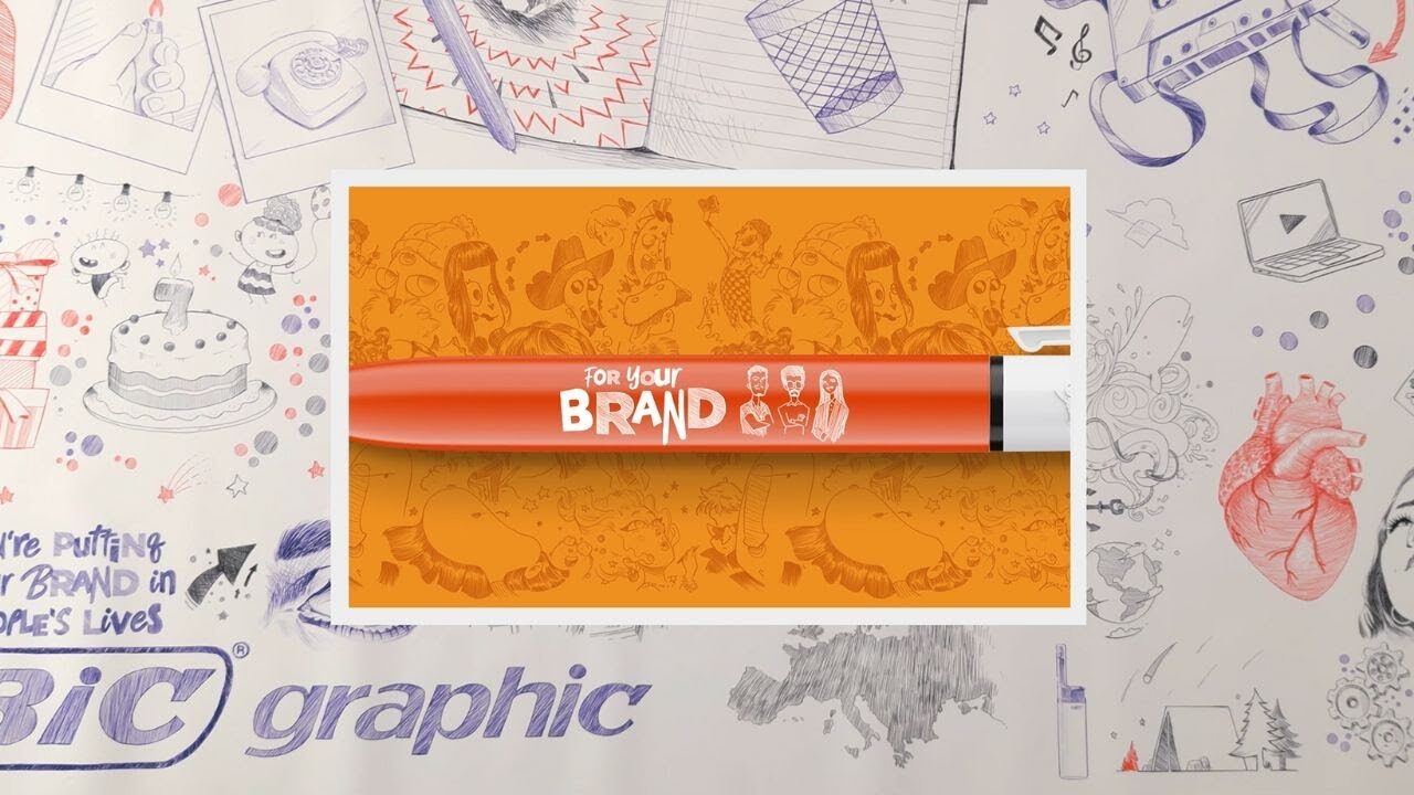 Stilstaand beeld uit de corporate video: een oranje BIC-balpen met de bedrukking 'For your brand', tegen een achtergrond vol schetsen.