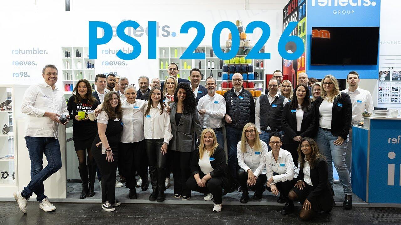 Stilstaand beeld uit de video: het voltallige REFLECTS-team voor de beursstand, met in grote blauwe letters “PSI 2026” over het beeld.