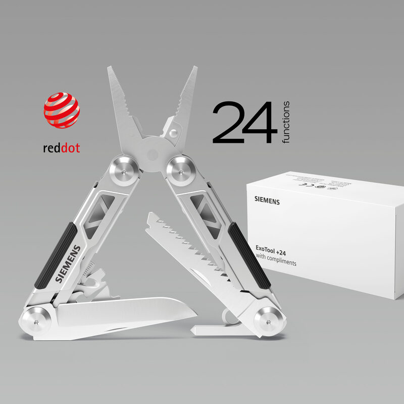 Een uitgeklapte zilverkleurige RICHARTZ EXOTOOL-multitool met Siemens-gravering, naast de bijbehorende doos.