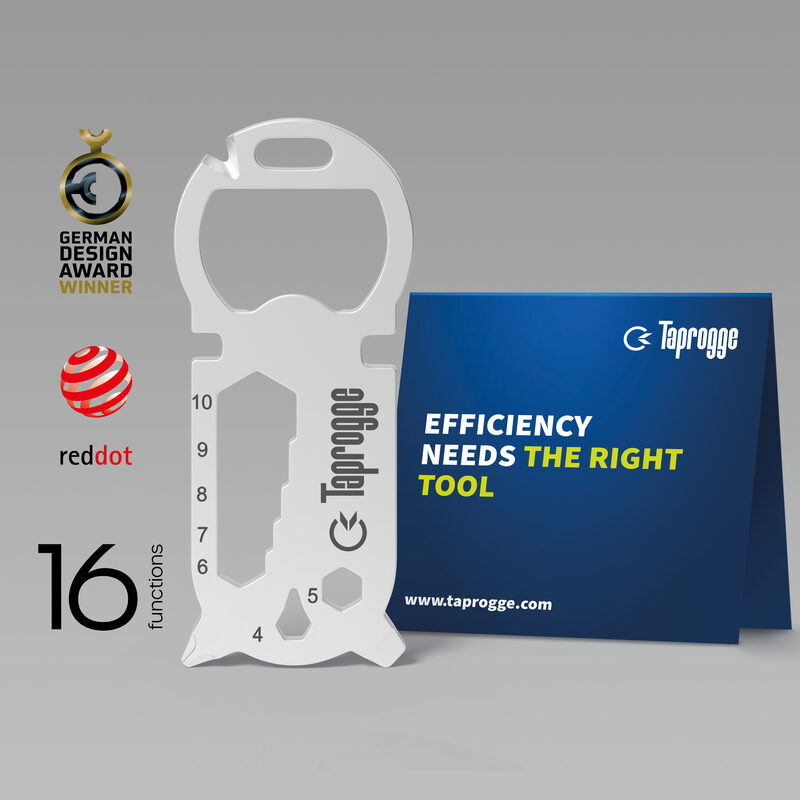 Een platte RICHARTZ KEY TOOL met Taprogge-logo, naast een blauwe kaart met de tekst “Efficiency needs the right tool”.