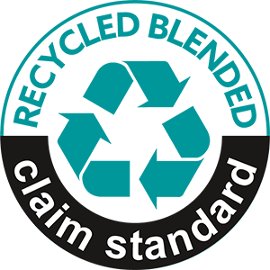 Rond keurmerk “Recycled Blended Claim Standard” met een recyclingsymbool.